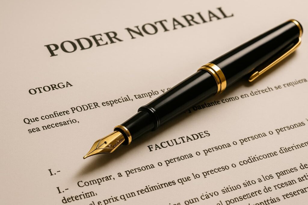 Document de pouvoir notarial espagnol avec stylo plume – utilisé pour acheter un bien immobilier en Espagne à distance.