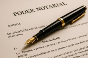 Document de pouvoir notarial espagnol avec stylo plume – utilisé pour acheter un bien immobilier en Espagne à distance.