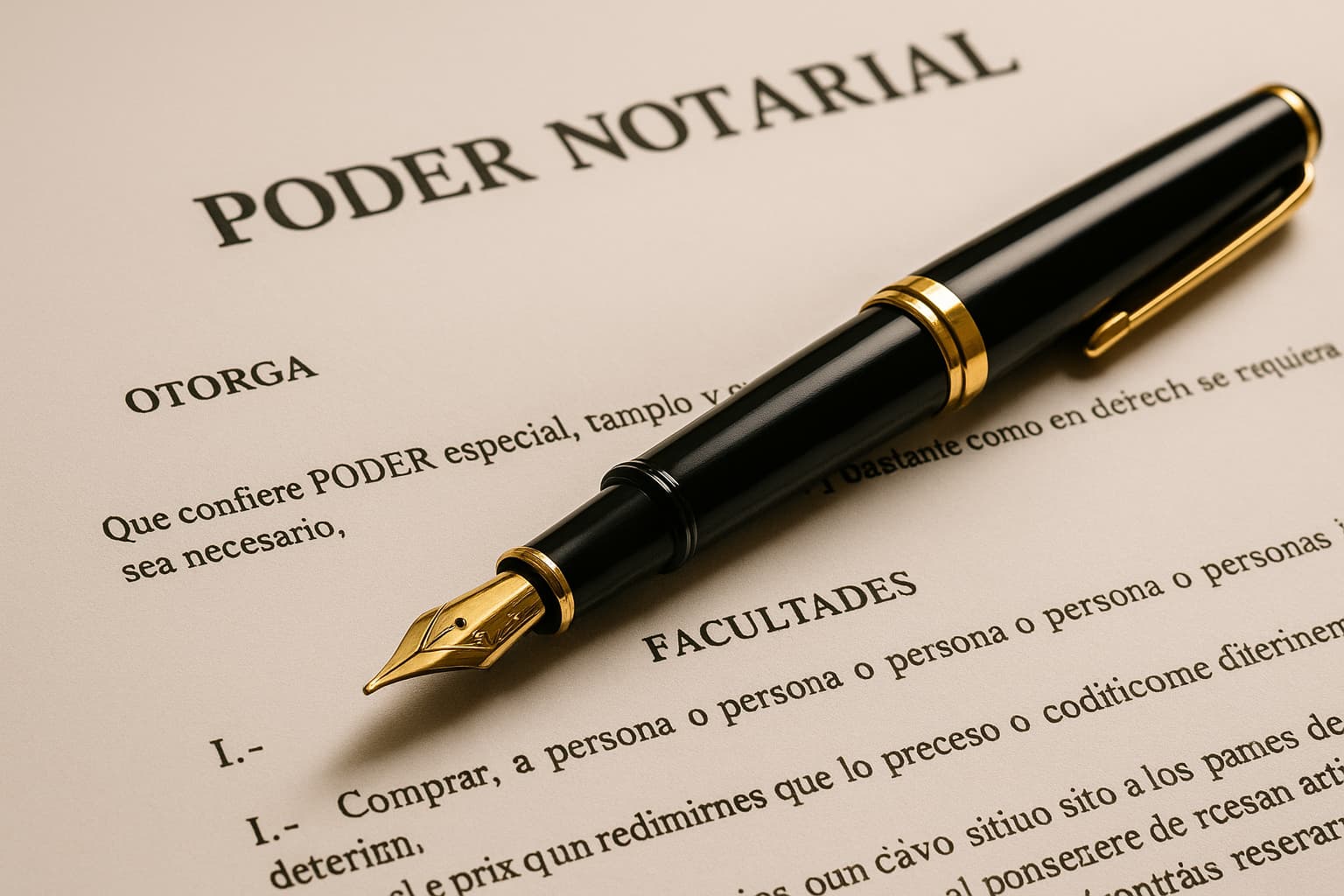 Document de pouvoir notarial espagnol avec stylo plume – utilisé pour acheter un bien immobilier en Espagne à distance.