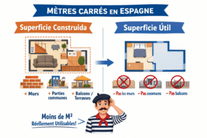 Schéma expliquant la différence entre superficie construida et superficie útil dans l'immobilier en Espagne