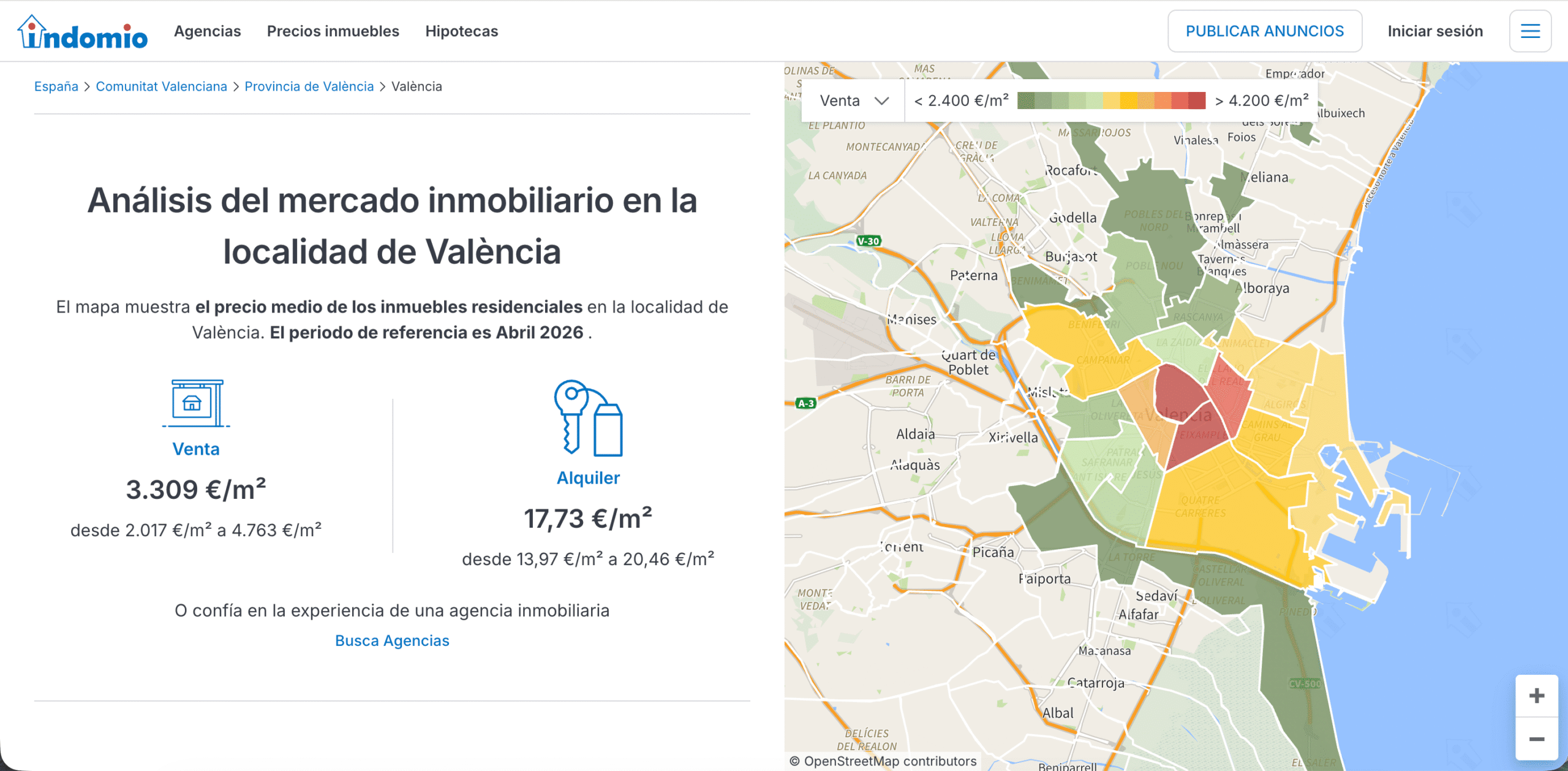 Carte des loyers par district à Valence en 2026 — du vert (moins cher) au rouge (plus cher)