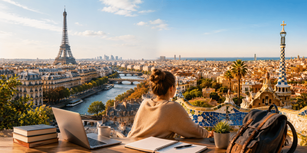 Étudiante observant les villes de Paris et Barcelone, illustration de l'investissement immobilier dans les villes étudiantes de France et d'Espagne.