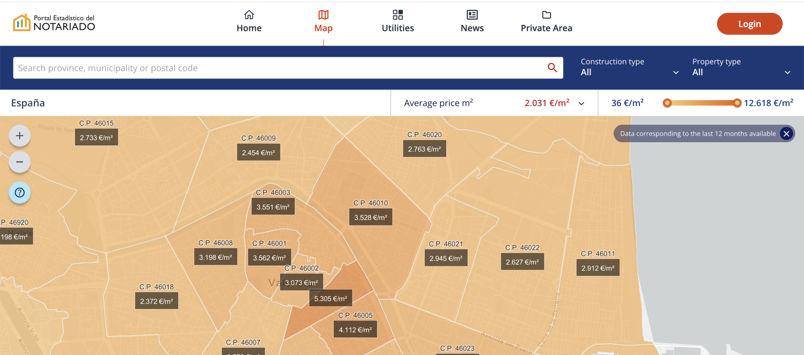 Carte des prix immobiliers à Valence en Espagne, quartier par quartier, selon les transactions signées chez les notaires espagnols